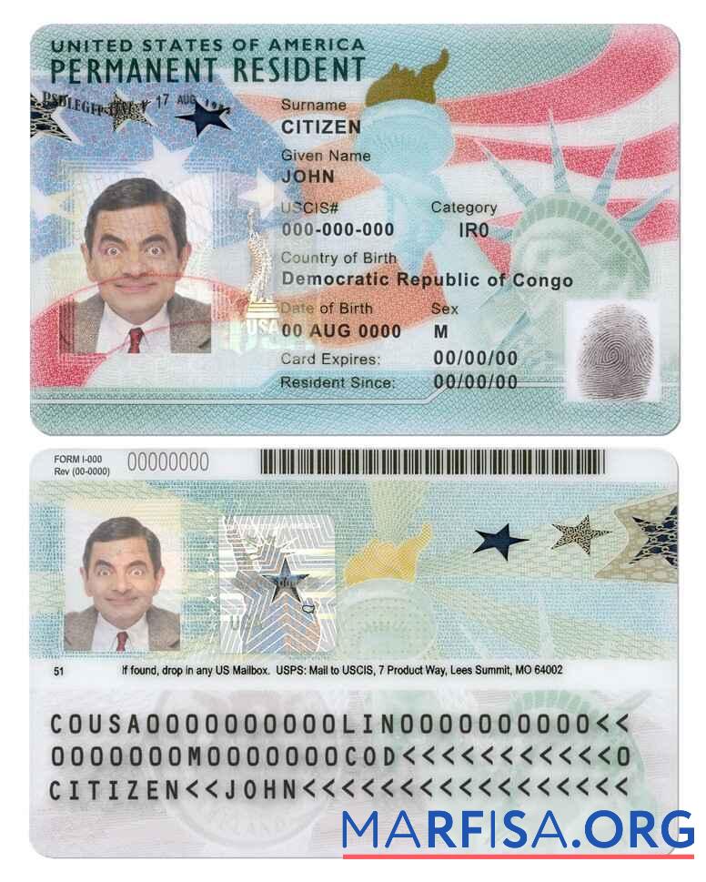 Realistic USA green card, permanent resident card template in PSD format, fully editable (2020 – present)